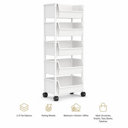 Chariot de rangement à roulettes 2 à 5 niveaux en plastique – Étagère mobile pour cuisine, salle de bain, bureau, livres, jouets et produits du quotidien
