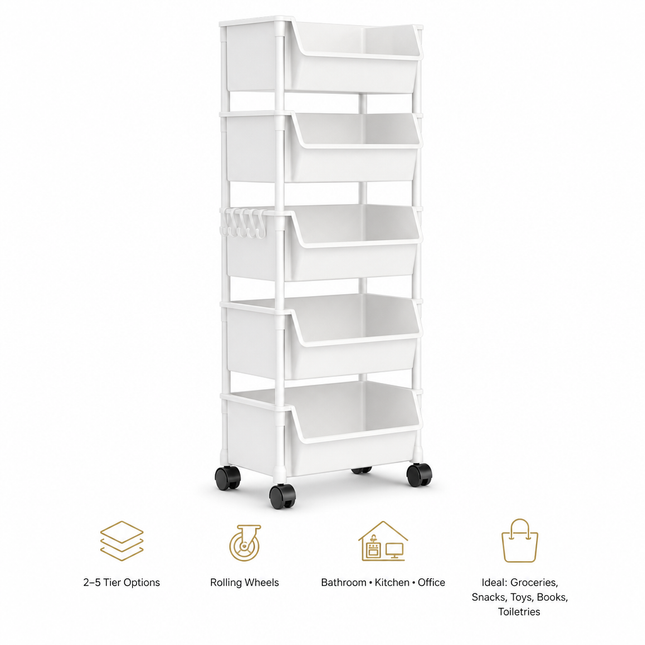 Chariot de rangement à roulettes 2 à 5 niveaux en plastique – Étagère mobile pour cuisine, salle de bain, bureau, livres, jouets et produits du quotidien