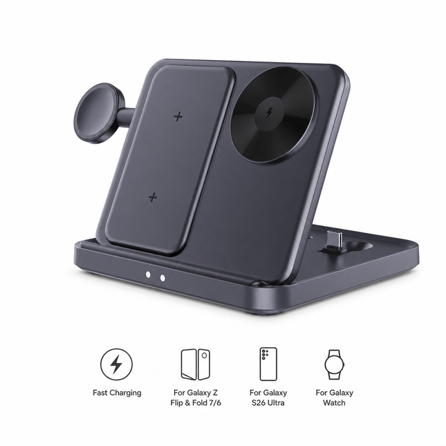 Station de Charge Sans Fil 3 en 1 – 15 W Charge Rapide – Support pour Smartphone, Montre Connectée et Écouteurs – Câble Type-C Inclus – Certifiée Qi