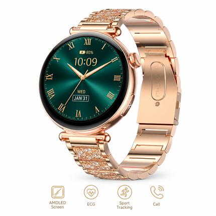 Montre connectée femme AMOLED 1,32 po – Appels Bluetooth, ECG, suivi santé et sport, écran 466 × 466, IP68