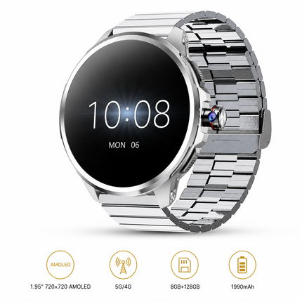 Montre connectée 5G/4G AMOLED 1,95″ montre intelligente 720*720 HD Google APP Smartwatch Android, GPS, Wi-Fi, appels SIM, caméra 8 MP, suivi santé et jusqu’à 8 Go + 128 Go