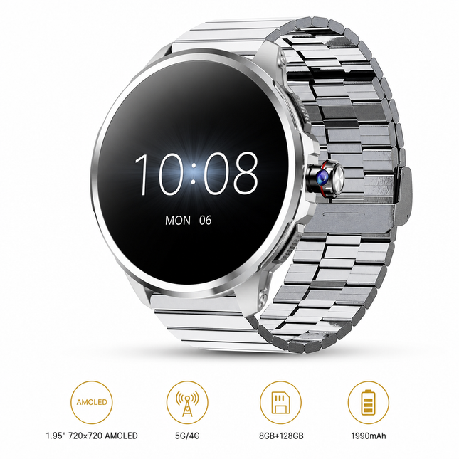 Montre connectée 5G/4G AMOLED 1,95″ montre intelligente 720*720 HD Google APP Smartwatch Android, GPS, Wi-Fi, appels SIM, caméra 8 MP, suivi santé et jusqu’à 8 Go + 128 Go