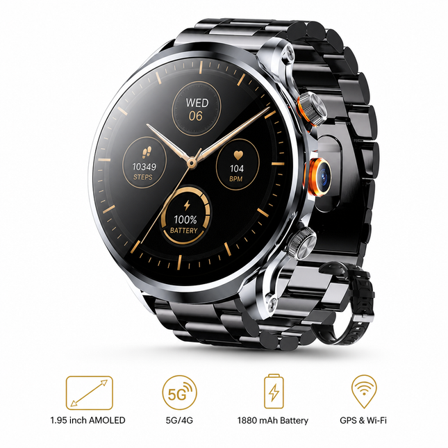 Montre intelligente 4G AMOLED 1,95 po avec GPS, Wi-Fi, caméra 8 MP et suivi d’activité, batterie 1880 mAh, 16 Go + 256 Go de RAM, appareil photo 800 W, GPS, WIFI, téléchargement d'applications Google, moniteur de fréquence cardiaque.