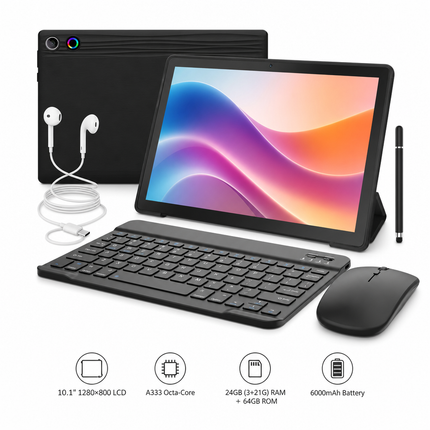 10.1-inch Android 16 Tablet – 24GB RAM (3+21) + 64GB ROM – Octa Core – 1280x800 LCD Screen – 6000 mAh Battery – 5MP / 8MP AF Camera – TF Support up to 1TB – Type-C – Complete bundle with keyboard, mouse, case, and stylus