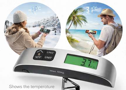 Balance de Voyage Portative 50 kg – Pèse-bagage Numérique avec Écran LCD Rétroéclairé Bleu – Précision 50 g – Conversion d’Unités (kg/lb/°C/°F) – Fonction Tare – Certifiée CE – Modèle DZC-T8