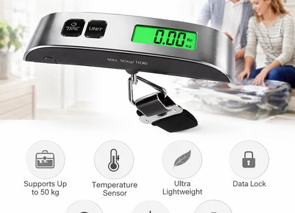 Balance de Voyage Portative 50 kg – Pèse-bagage Numérique avec Écran LCD Rétroéclairé Bleu – Précision 50 g – Conversion d’Unités (kg/lb/°C/°F) – Fonction Tare – Certifiée CE – Modèle DZC-T8