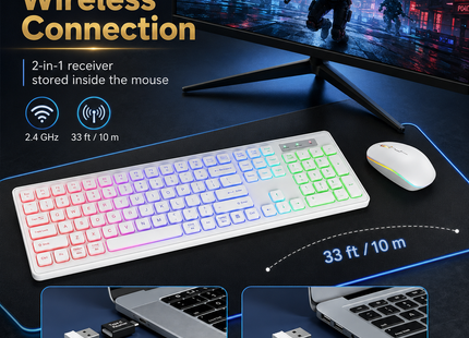 Combo Clavier et Souris Sans Fil RGB Rechargeable – Rétroéclairage Arc-en-Ciel – Touches Rétroéclairées – Ergonomique – 2,4 GHz – Batterie Intégrée – 108 Touches – DPI Réglable (1000/1500/2000) – Compatible Windows, Linux, Chrome, Mac