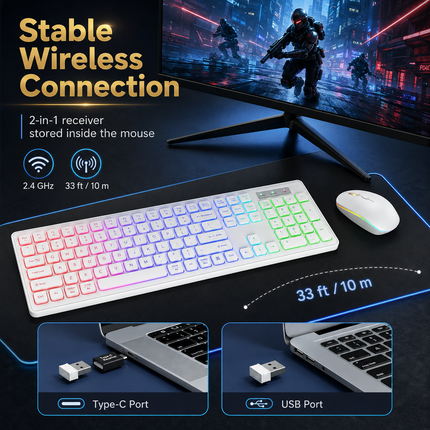 Combo Clavier et Souris Sans Fil RGB Rechargeable – Rétroéclairage Arc-en-Ciel – Touches Rétroéclairées – Ergonomique – 2,4 GHz – Batterie Intégrée – 108 Touches – DPI Réglable (1000/1500/2000) – Compatible Windows, Linux, Chrome, Mac