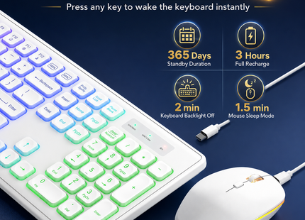 Combo Clavier et Souris Sans Fil RGB Rechargeable – Rétroéclairage Arc-en-Ciel – Touches Rétroéclairées – Ergonomique – 2,4 GHz – Batterie Intégrée – 108 Touches – DPI Réglable (1000/1500/2000) – Compatible Windows, Linux, Chrome, Mac