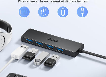 Hub USB 3.0 Acer – Adaptateur Ultra‑Fin à 4 Ports USB‑A – Adaptateur Ultra‑Fin 4 Ports USB 3.0 avec Port USB‑C 5V 3A - Compatible avec Ordinateurs Portables, Bureaux, Souris, Claviers – Transfert 5 Gbit/s – Plug-and‑Play – Windows, Linux, Acer, Chromebook