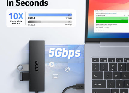 Hub USB 3.0 Acer – Adaptateur Ultra‑Fin à 4 Ports USB‑A – Adaptateur Ultra‑Fin 4 Ports USB 3.0 avec Port USB‑C 5V 3A - Compatible avec Ordinateurs Portables, Bureaux, Souris, Claviers – Transfert 5 Gbit/s – Plug-and‑Play – Windows, Linux, Acer, Chromebook