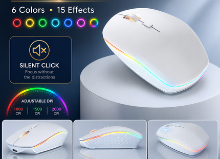 Combo Clavier et Souris Sans Fil RGB Rechargeable – Rétroéclairage Arc-en-Ciel – Touches Rétroéclairées – Ergonomique – 2,4 GHz – Batterie Intégrée – 108 Touches – DPI Réglable (1000/1500/2000) – Compatible Windows, Linux, Chrome, Mac