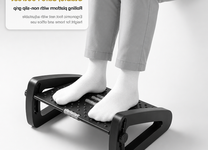Repose-Pieds Ergonomique sous le Bureau – Avec Rouleaux de Massage – Repose-Jambes pour Soulager la Douleur – Hauteur Réglable – Design Moderne – Idéal pour le Travail à Domicile ou au Bureau – Plastique Durable – Assemblage Simple