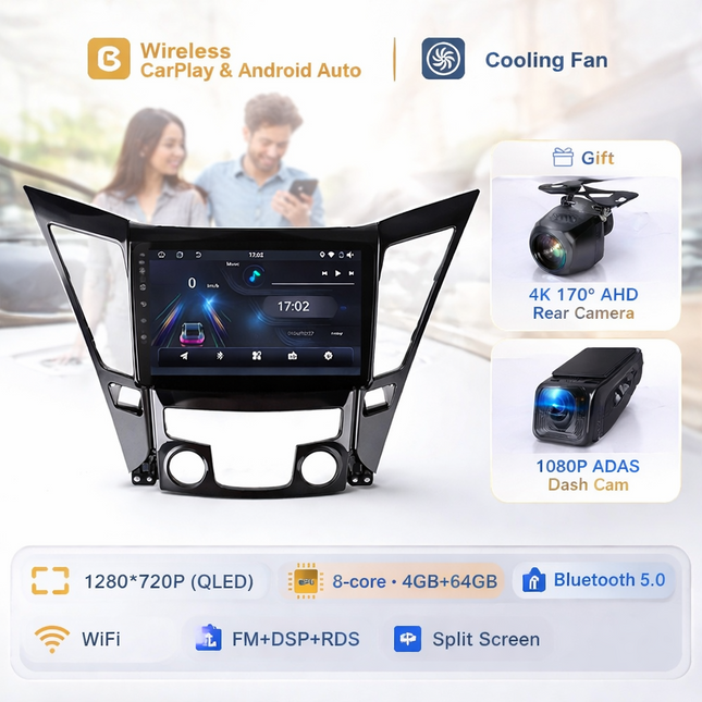 Autoradio Android 16 pour Hyundai Sonata 6 YF (2009-2014) – Écran Tactile IPS LED 9″ QLED – CarPlay & Android Auto – 8 Cœurs – RAM 2-12 Go / ROM 32-256 Go – GPS Intégré – DSP – 4G – WiFi – Plug and Play – Certification CE