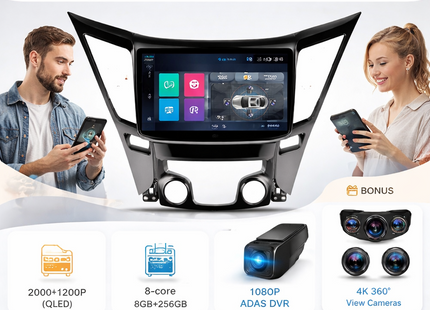 Autoradio Android 16 pour Hyundai Sonata 6 YF (2009-2014) – Écran Tactile IPS LED 9″ QLED – CarPlay & Android Auto – 8 Cœurs – RAM 2-12 Go / ROM 32-256 Go – GPS Intégré – DSP – 4G – WiFi – Plug and Play – Certification CE
