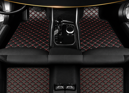 Tapis de Sol Automobile Universel – Lot 4 Pièces – Antidérapant, Imperméable, Tous Temps – Anti-Rayures, Anti-Boue – Doublure de Chargement – Cuir PU – Noir/Noir, Noir/Rouge, Noir/Doré