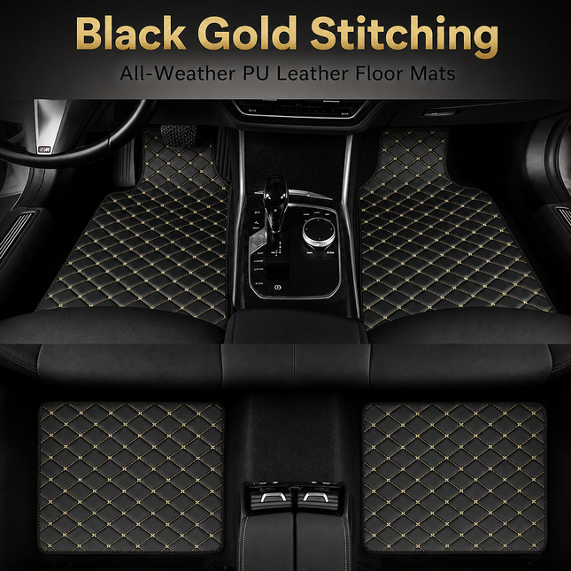 Tapis de Sol Automobile Universel – Lot 4 Pièces – Antidérapant, Imperméable, Tous Temps – Anti-Rayures, Anti-Boue – Doublure de Chargement – Cuir PU – Noir/Noir, Noir/Rouge, Noir/Doré