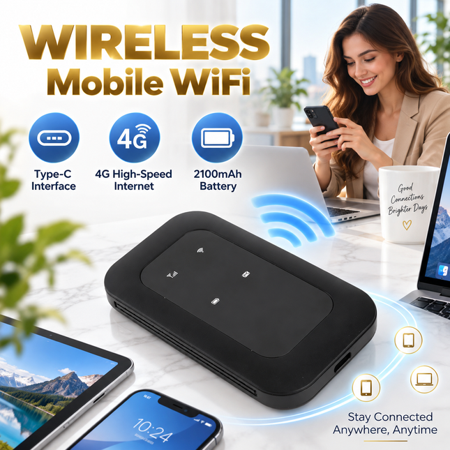 4G/5G Mobile WiFi Router – Portable LTE CAT4 300 Mbps Hotspot – SIM Card Slot – 2100 mAh Battery with 10+ Hours of Battery Life – Connect up to 10 Devices – USB‑C Plug and Play – B1/B3/B5/B40 Band – Outdoor Travel Business Home