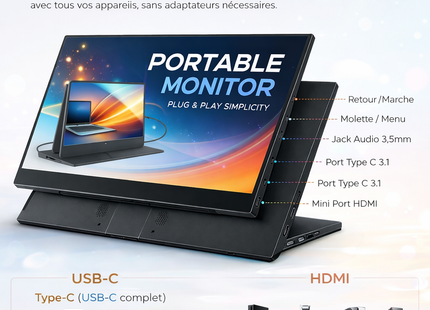 Moniteur Portable 15,6" FHD 1080p à support – 125% sRGB – 2000:1 – 350 nits – HDR – Écran Externe USB-C / Mini HDMI – Support Métal Réglable 360° – Compatible VESA – Second Écran pour PC, Smartphone, Console de Jeux