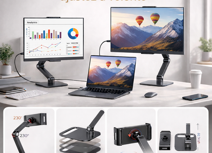 Moniteur Portable 15,6" FHD 1080p à support – 125% sRGB – 2000:1 – 350 nits – HDR – Écran Externe USB-C / Mini HDMI – Support Métal Réglable 360° – Compatible VESA – Second Écran pour PC, Smartphone, Console de Jeux