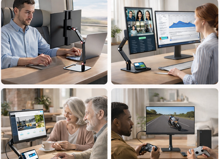 Support de Bureau pour Écran Portable  – Bras d’écran unique réglable en métal 3 sections, fixation par serrage sans outil pour bureau, maison ou gaming