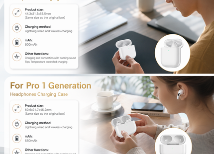 Boîtier de Charge de Remplacement pour AirPods 1, 2, 3, Pro 1 et Pro 2 – Chargeur Filaire et Sans Fil – Batterie 600-680 mAh – Connecteur Lightning ou USB-C – Témoin LED – Bluetooth 5.3 – Compatible Écouteurs Originaux Uniquement