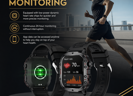 Montre Connectée Militaire Homme 2026 – IP67 3ATM – GPS – Bluetooth 5.0 – Capteur Fréquence Cardiaque, Tension Artérielle, SpO2 – Écran HD 1,44/2,01 pouces – Autonomie 5-10 jours – Certifiée CE/FCC/RoHS