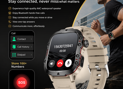 Montre Connectée Militaire Homme 2026 – IP67 3ATM – GPS – Bluetooth 5.0 – Capteur Fréquence Cardiaque, Tension Artérielle, SpO2 – Écran HD 1,44/2,01 pouces – Autonomie 5-10 jours – Certifiée CE/FCC/RoHS