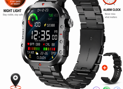 Montre Connectée Militaire Homme 2026 – IP67 3ATM – GPS – Bluetooth 5.0 – Capteur Fréquence Cardiaque, Tension Artérielle, SpO2 – Écran HD 1,44/2,01 pouces – Autonomie 5-10 jours – Certifiée CE/FCC/RoHS