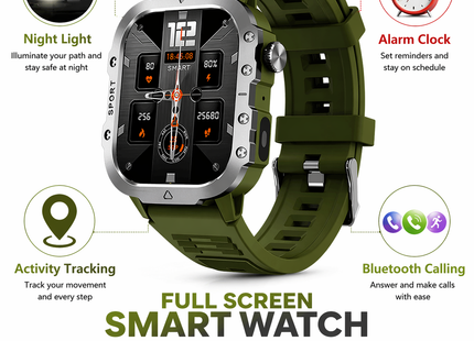 Montre Connectée Militaire Homme 2026 – IP67 3ATM – GPS – Bluetooth 5.0 – Capteur Fréquence Cardiaque, Tension Artérielle, SpO2 – Écran HD 1,44/2,01 pouces – Autonomie 5-10 jours – Certifiée CE/FCC/RoHS