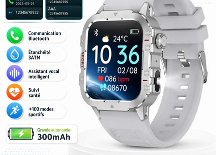 Montre Connectée Militaire Homme 2026 – IP67 3ATM – GPS – Bluetooth 5.0 – Capteur Fréquence Cardiaque, Tension Artérielle, SpO2 – Écran HD 1,44/2,01 pouces – Autonomie 5-10 jours – Certifiée CE/FCC/RoHS