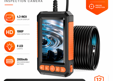 Endoscope Industriel 1M/5M/10M/20M/30M – Caméra d’Inspection 4,3″ – Double ou Simple Objectif – HD 1080p – IP67 Étanche – Borescope pour Contrôle Automobile, Plomberie, Canalisations – Batterie 2000 mAh