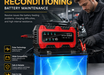 Chargeur de Batterie 6V/12V 1,5A – Mainteneur Automatique pour Moto, Voiture, Bateau – Tender Intelligent avec Protection Surchauffe et Court-Circuit – Technologie de Régénération par Impulsions – Tension Entrée 100-240V