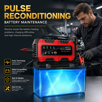 Chargeur de Batterie 6V/12V 1,5A – Mainteneur Automatique pour Moto, Voiture, Bateau – Tender Intelligent avec Protection Surchauffe et Court-Circuit – Technologie de Régénération par Impulsions – Tension Entrée 100-240V