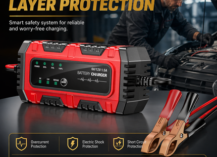 Chargeur de Batterie 6V/12V 1,5A – Mainteneur Automatique pour Moto, Voiture, Bateau – Tender Intelligent avec Protection Surchauffe et Court-Circuit – Technologie de Régénération par Impulsions – Tension Entrée 100-240V