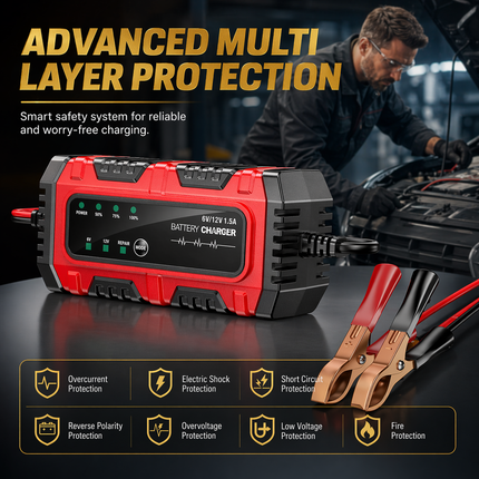 Chargeur de Batterie 6V/12V 1,5A – Mainteneur Automatique pour Moto, Voiture, Bateau – Tender Intelligent avec Protection Surchauffe et Court-Circuit – Technologie de Régénération par Impulsions – Tension Entrée 100-240V
