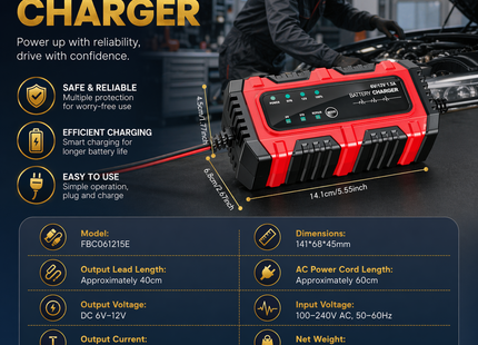 Chargeur de Batterie 6V/12V 1,5A – Mainteneur Automatique pour Moto, Voiture, Bateau – Tender Intelligent avec Protection Surchauffe et Court-Circuit – Technologie de Régénération par Impulsions – Tension Entrée 100-240V