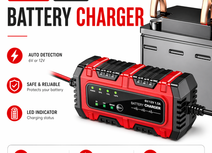 Chargeur de Batterie 6V/12V 1,5A – Mainteneur Automatique pour Moto, Voiture, Bateau – Tender Intelligent avec Protection Surchauffe et Court-Circuit – Technologie de Régénération par Impulsions – Tension Entrée 100-240V