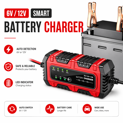 Chargeur de Batterie 6V/12V 1,5A – Mainteneur Automatique pour Moto, Voiture, Bateau – Tender Intelligent avec Protection Surchauffe et Court-Circuit – Technologie de Régénération par Impulsions – Tension Entrée 100-240V