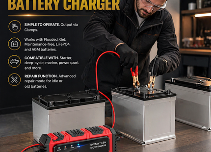 Chargeur de Batterie 6V/12V 1,5A – Mainteneur Automatique pour Moto, Voiture, Bateau – Tender Intelligent avec Protection Surchauffe et Court-Circuit – Technologie de Régénération par Impulsions – Tension Entrée 100-240V