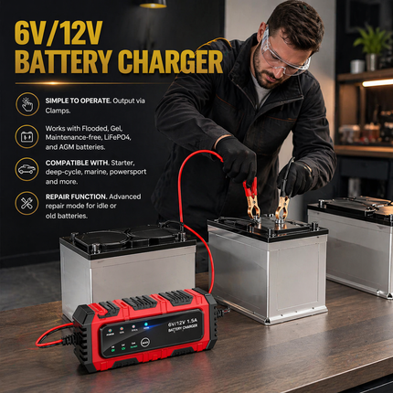Chargeur de Batterie 6V/12V 1,5A – Mainteneur Automatique pour Moto, Voiture, Bateau – Tender Intelligent avec Protection Surchauffe et Court-Circuit – Technologie de Régénération par Impulsions – Tension Entrée 100-240V
