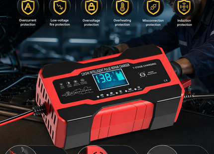 Chargeur de Batterie Intelligent 10A 12V/24V – Automatique avec Maintien, Désulfateur et Compensation de Température – Écran LCD Rétroéclairé – Modes Hiver/Été – Certifié UL, CE, FCC – Pour Voiture, Camion, Moto, Bateau