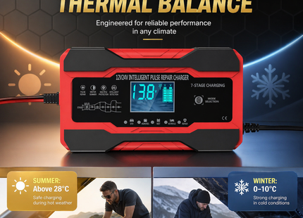 Chargeur de Batterie Intelligent 10A 12V/24V – Automatique avec Maintien, Désulfateur et Compensation de Température – Écran LCD Rétroéclairé – Modes Hiver/Été – Certifié UL, CE, FCC – Pour Voiture, Camion, Moto, Bateau