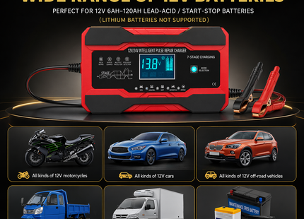 Chargeur de Batterie Intelligent à Réparation par Impulsions 12V 6A – Pour Voiture et Moto – Batteries Plomb – Écran LCD Digital – Modèle 31195 – Certifié CE – Fabricant Shenzhen Zhiya Technology