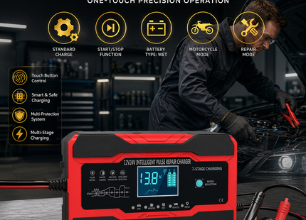 Chargeur de Batterie Intelligent 10A 12V/24V – Automatique avec Maintien, Désulfateur et Compensation de Température – Écran LCD Rétroéclairé – Modes Hiver/Été – Certifié UL, CE, FCC – Pour Voiture, Camion, Moto, Bateau