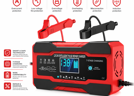 Chargeur de Batterie Intelligent 10A 12V/24V – Automatique avec Maintien, Désulfateur et Compensation de Température – Écran LCD Rétroéclairé – Modes Hiver/Été – Certifié UL, CE, FCC – Pour Voiture, Camion, Moto, Bateau