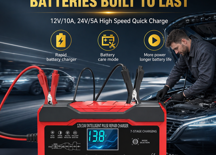 Chargeur de Batterie Intelligent 10A 12V/24V – Automatique avec Maintien, Désulfateur et Compensation de Température – Écran LCD Rétroéclairé – Modes Hiver/Été – Certifié UL, CE, FCC – Pour Voiture, Camion, Moto, Bateau