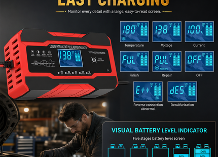 Chargeur de Batterie Intelligent 10A 12V/24V – Automatique avec Maintien, Désulfateur et Compensation de Température – Écran LCD Rétroéclairé – Modes Hiver/Été – Certifié UL, CE, FCC – Pour Voiture, Camion, Moto, Bateau