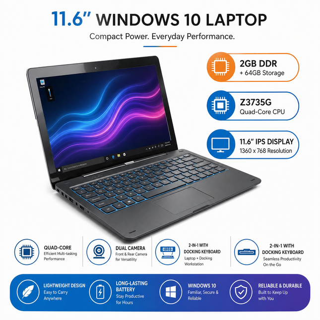 Windows 10 11.6″ Tablet PC – 2GB DDR + 64GB ROM – Intel Atom Z3735G Quad Core Processor – 1366×768 10-Point Touch IPS Screen – 2-in-1 with Docking Keyboard – 9000 mAh Battery – G12 Model