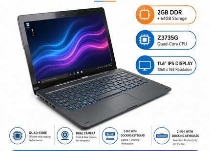 Tablette PC Windows 10 11,6″ – 2 Go DDR + 64 Go ROM – Processeur Intel Atom Z3735G Quad Core – Écran IPS 1366×768 Tactile 10 Points – 2 en 1 avec Clavier Docking – Batterie 9000 mAh – Modèle G12